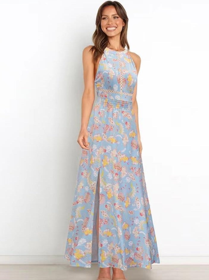 Robe longue à imprimé floral avec col licou et dos nageur 