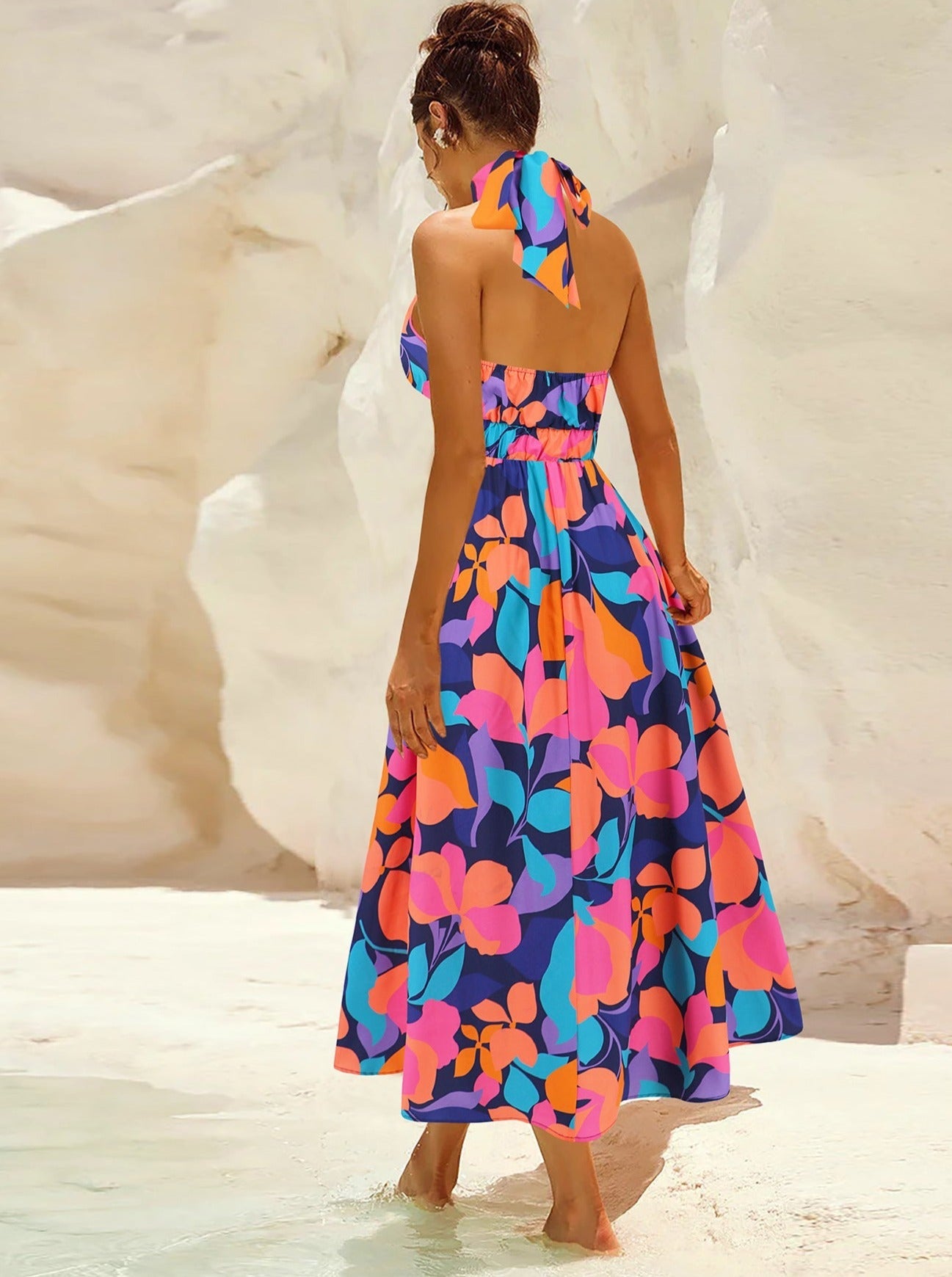 Robe d'été élégante sans manches à imprimé tropical 