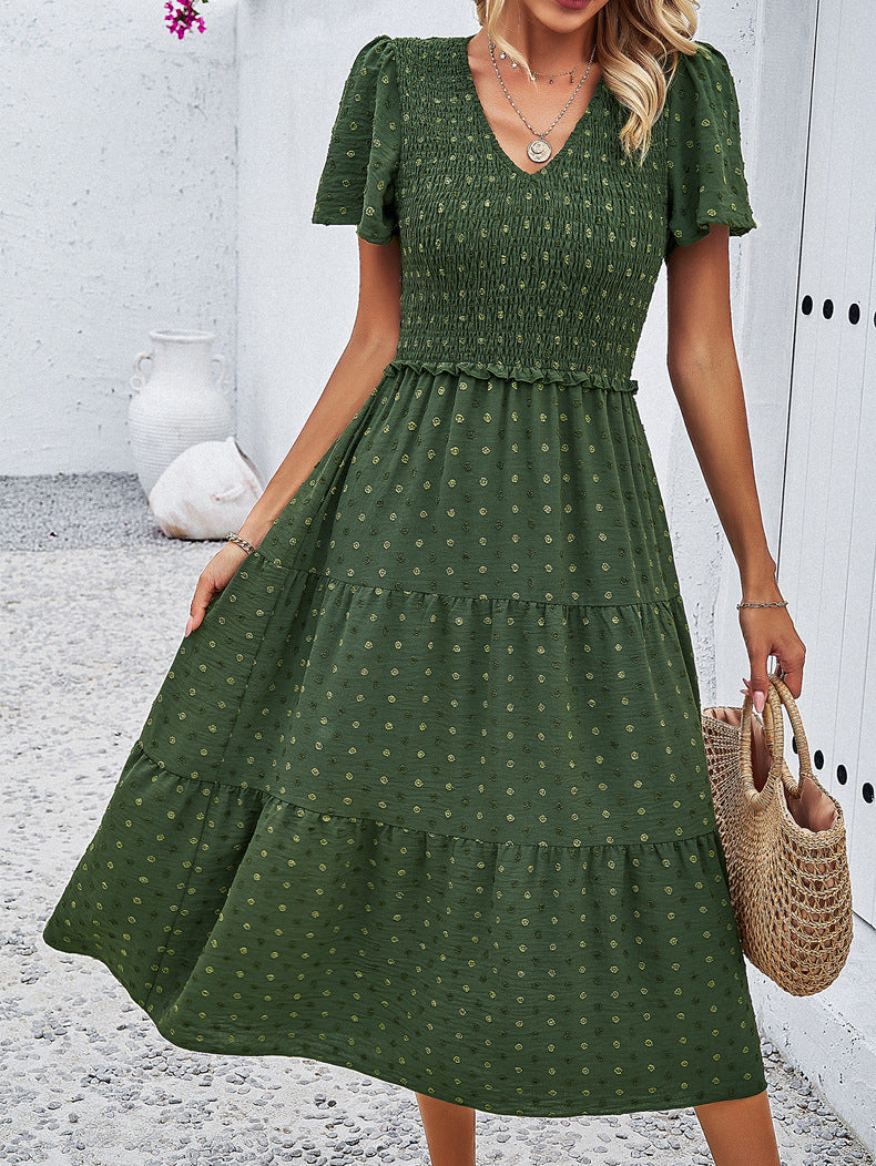 Robe à manches courtes et col en V de style tempérament vert 