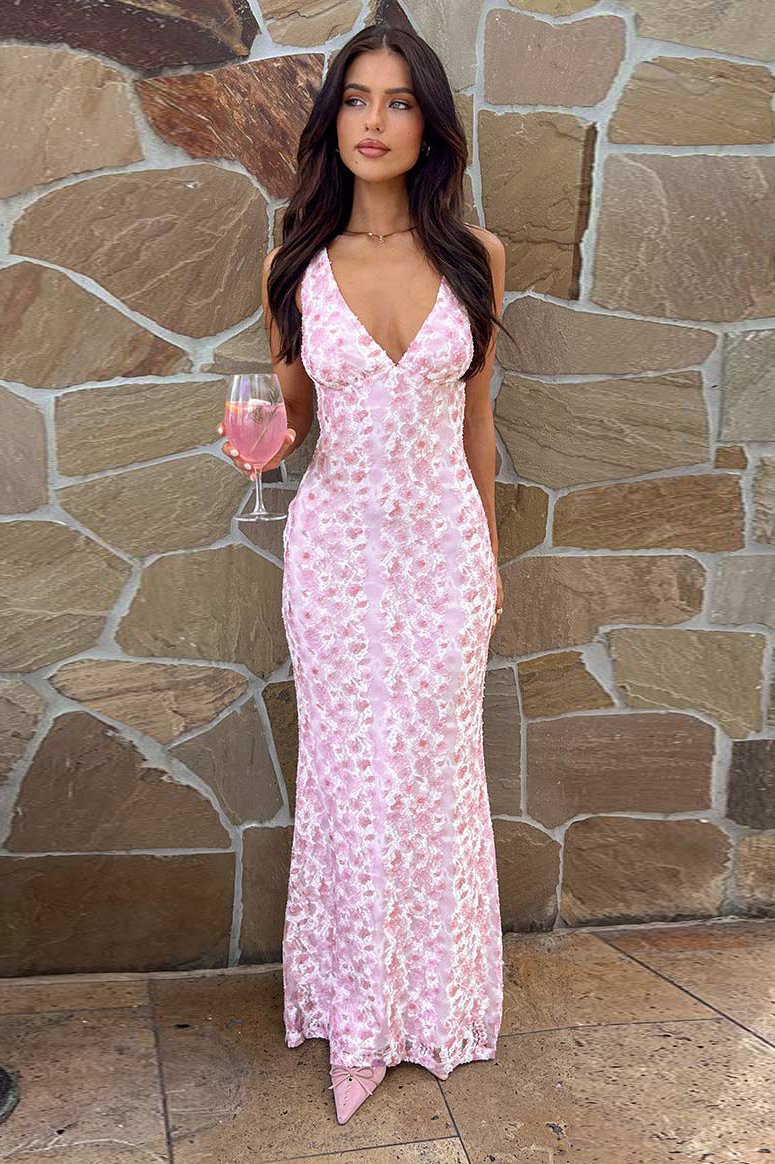 Robe longue rose élégante à col en V sans manches 