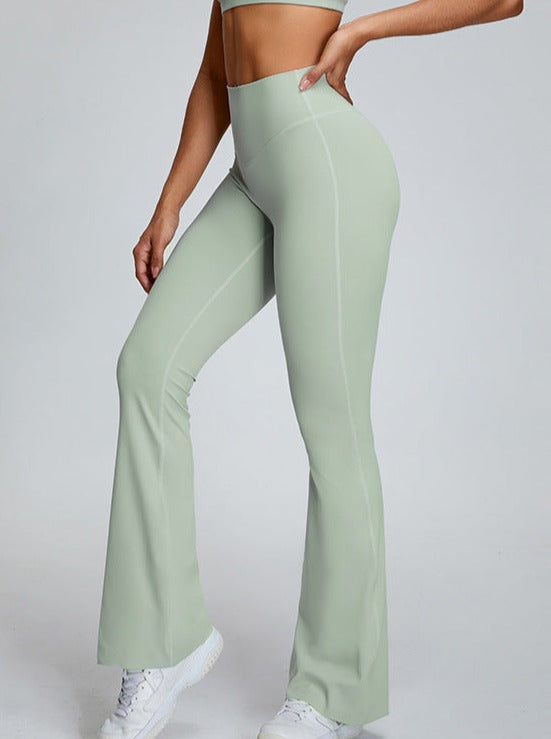 Pantalon de yoga taille haute vert micro-large avec contrôle du ventre 