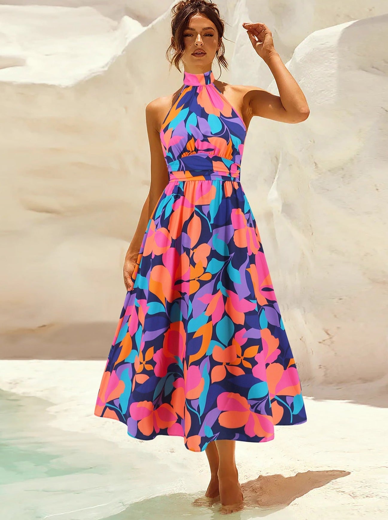 Robe d'été élégante sans manches à imprimé tropical 