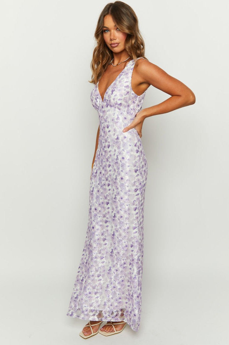 Robe longue violette élégante sans manches à col en V 