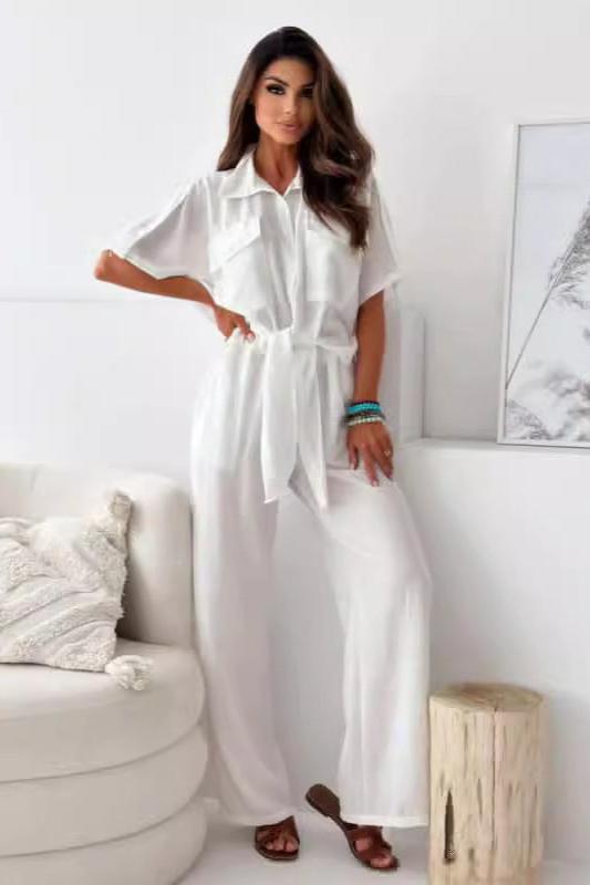 Ensemble chemise à revers boutonnée et pantalon à jambe large décontracté et solide 