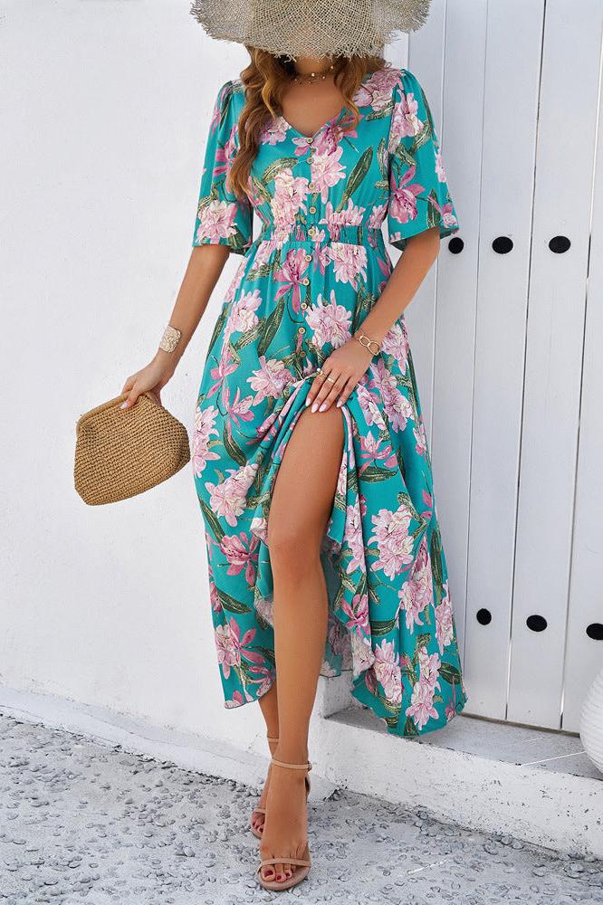 Robe mi-longue d'été chic à fleurs avec col en V et fente latérale 