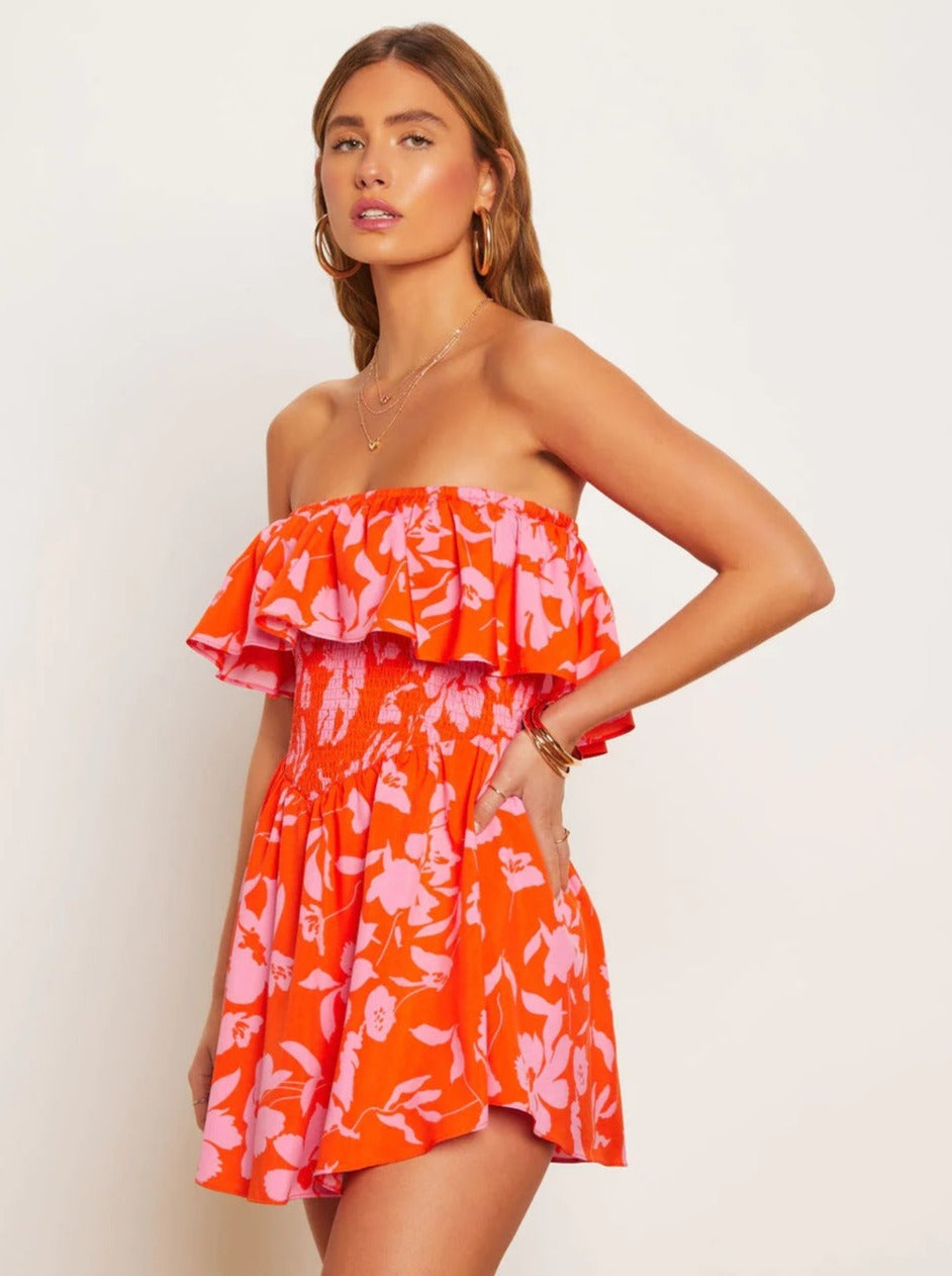 Robe bustier rouge à imprimé tropical 