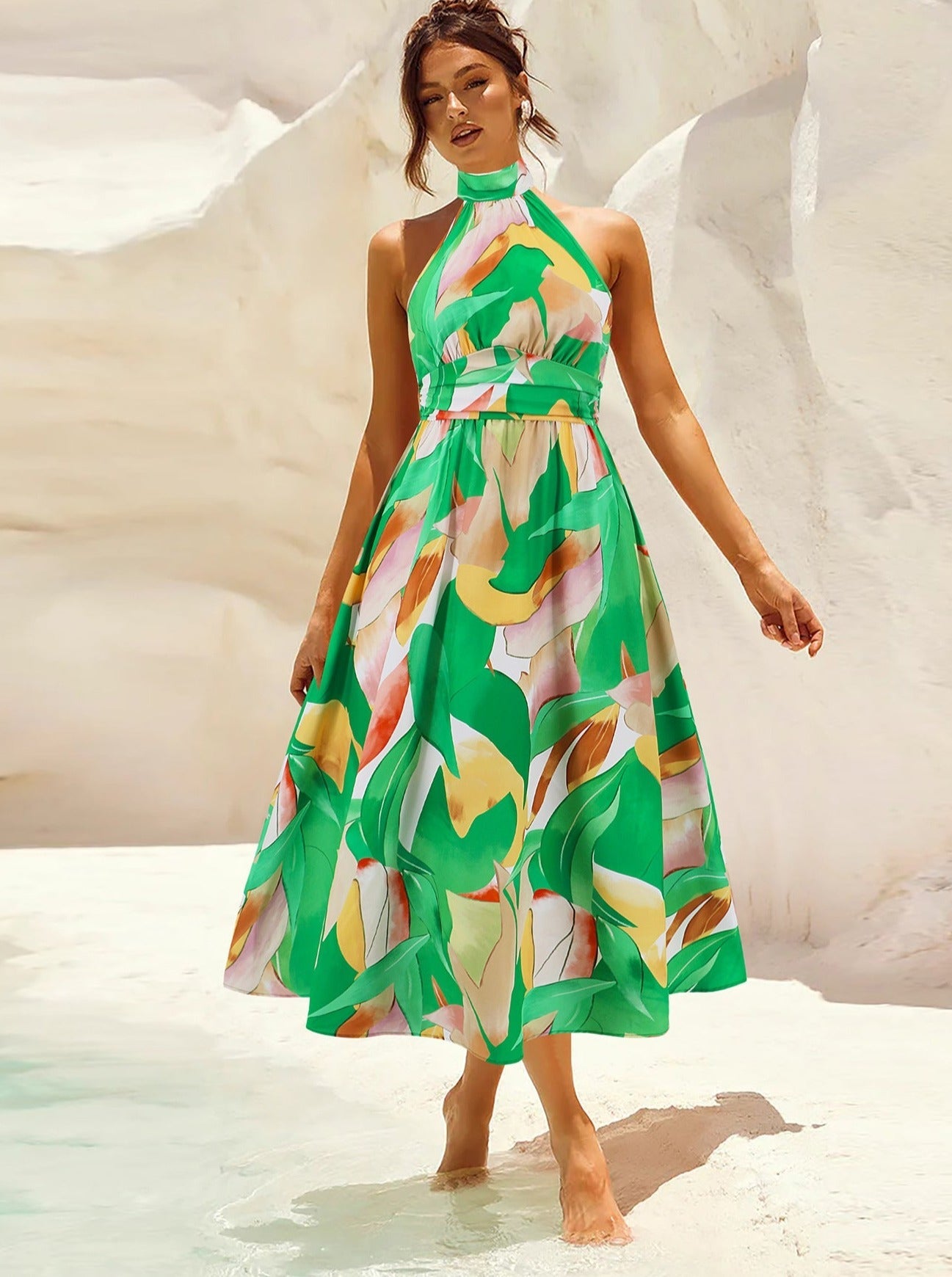 Robe d'été élégante sans manches à imprimé tropical 