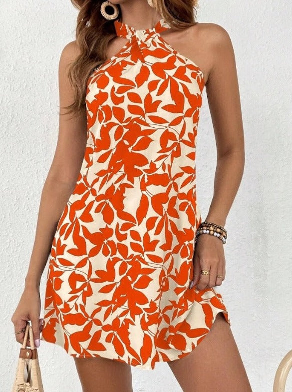 Robe sexy à imprimé tropical et col licou 