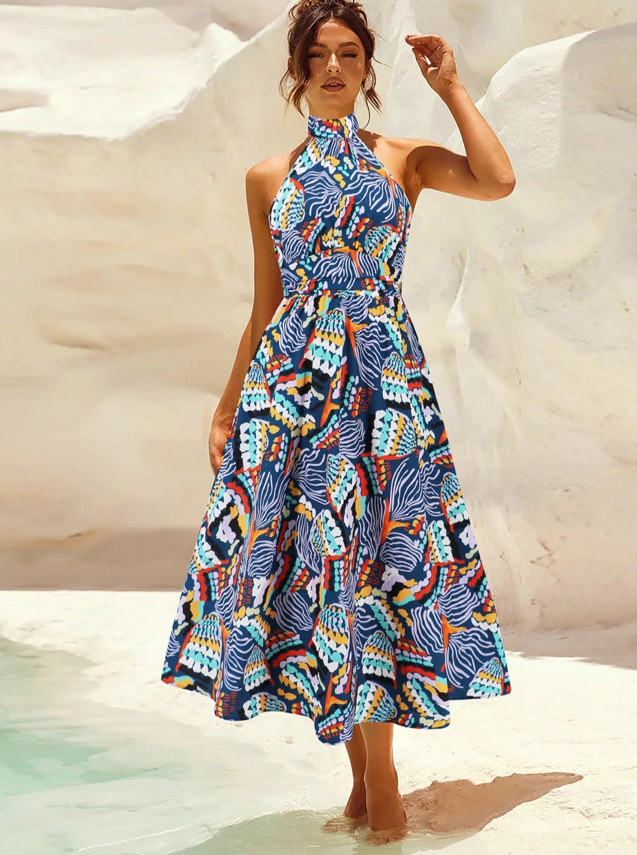 Robe d'été élégante sans manches à imprimé tropical 