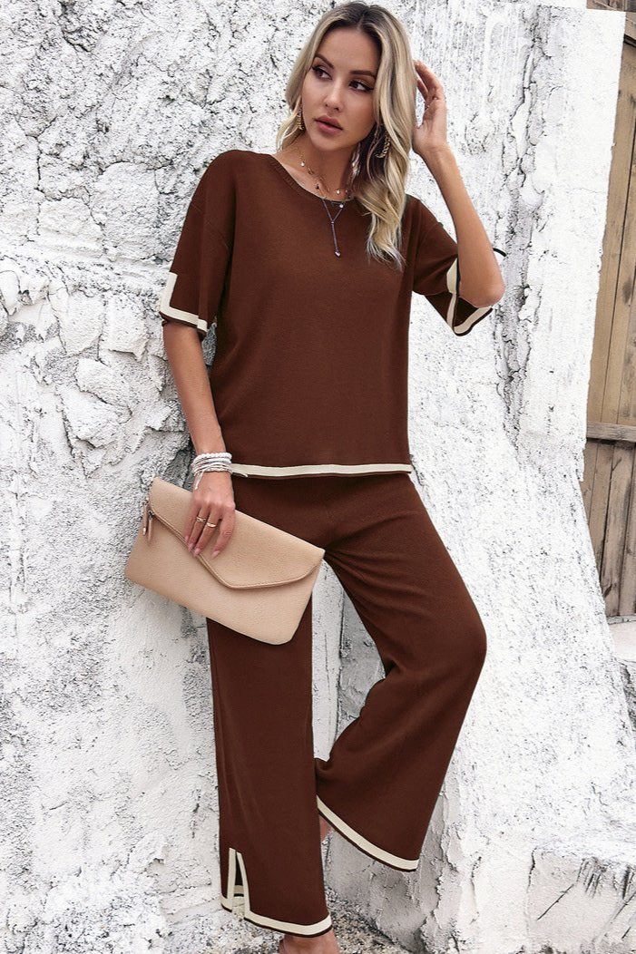 Ensemble haut et pantalon en tricot à manches courtes marron chic et décontracté 