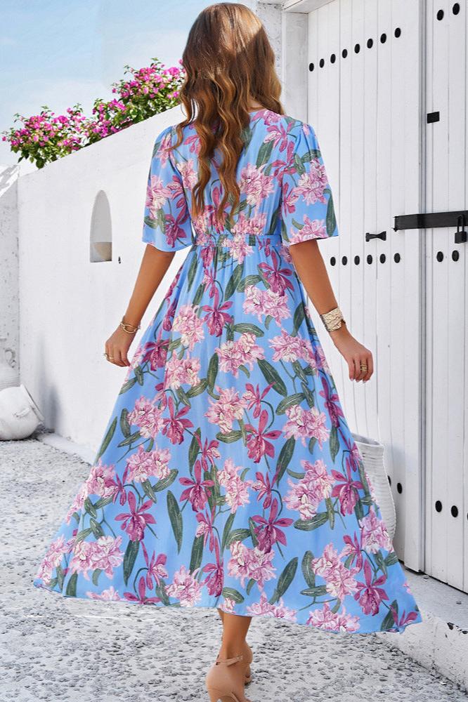 Robe mi-longue d'été chic à fleurs avec col en V et fente latérale