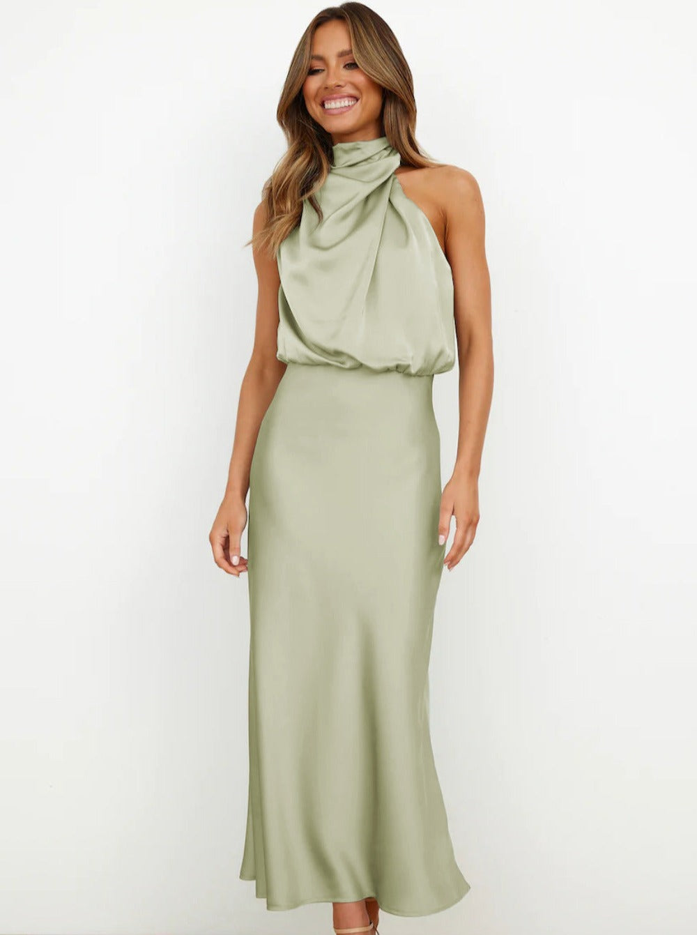 Robe élégante à col licou vert clair 