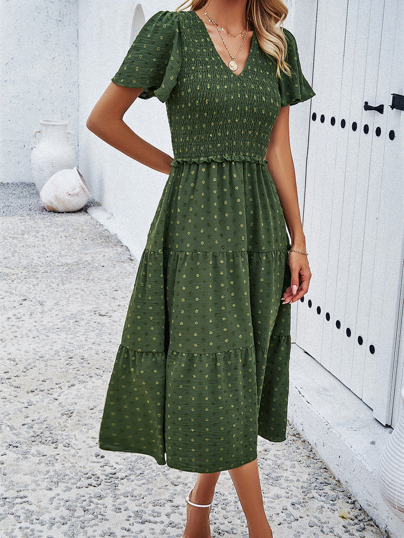 Robe à manches courtes et col en V de style tempérament vert 