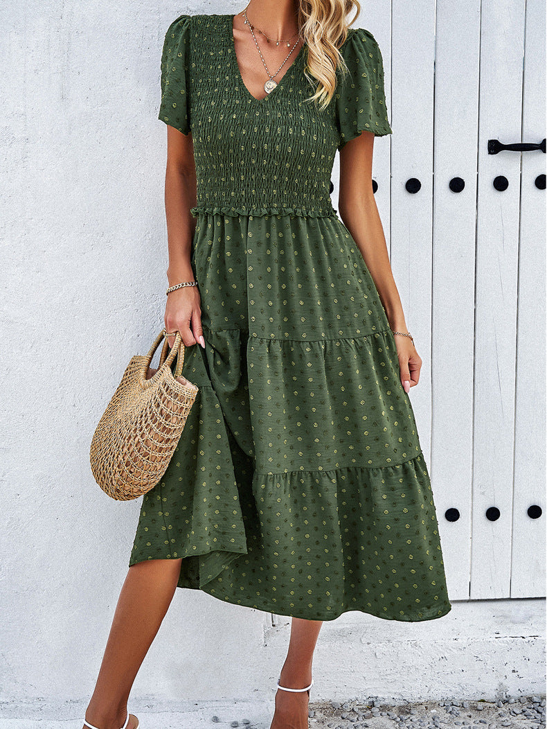 Robe à manches courtes et col en V de style tempérament vert 