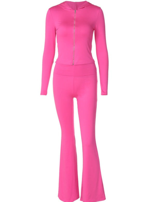 Ensemble 2 pièces rose avec haut court, veste zippée et pantalon évasé 