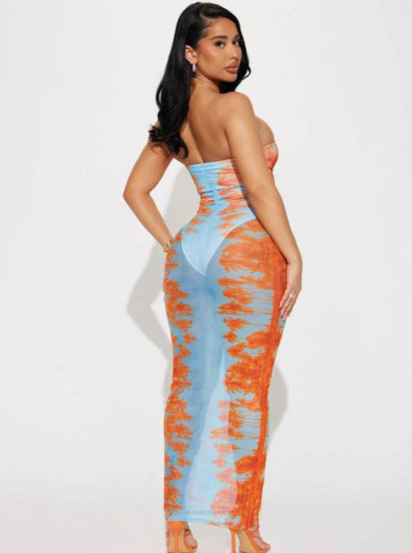 Robe tube en maille transparente bleu et orange tie dye 