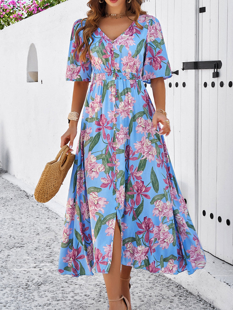 Robe trapèze ample à imprimé floral bleu