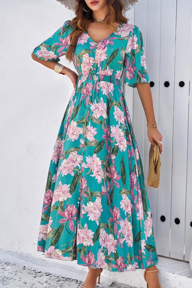 Robe mi-longue d'été chic à fleurs avec col en V et fente latérale