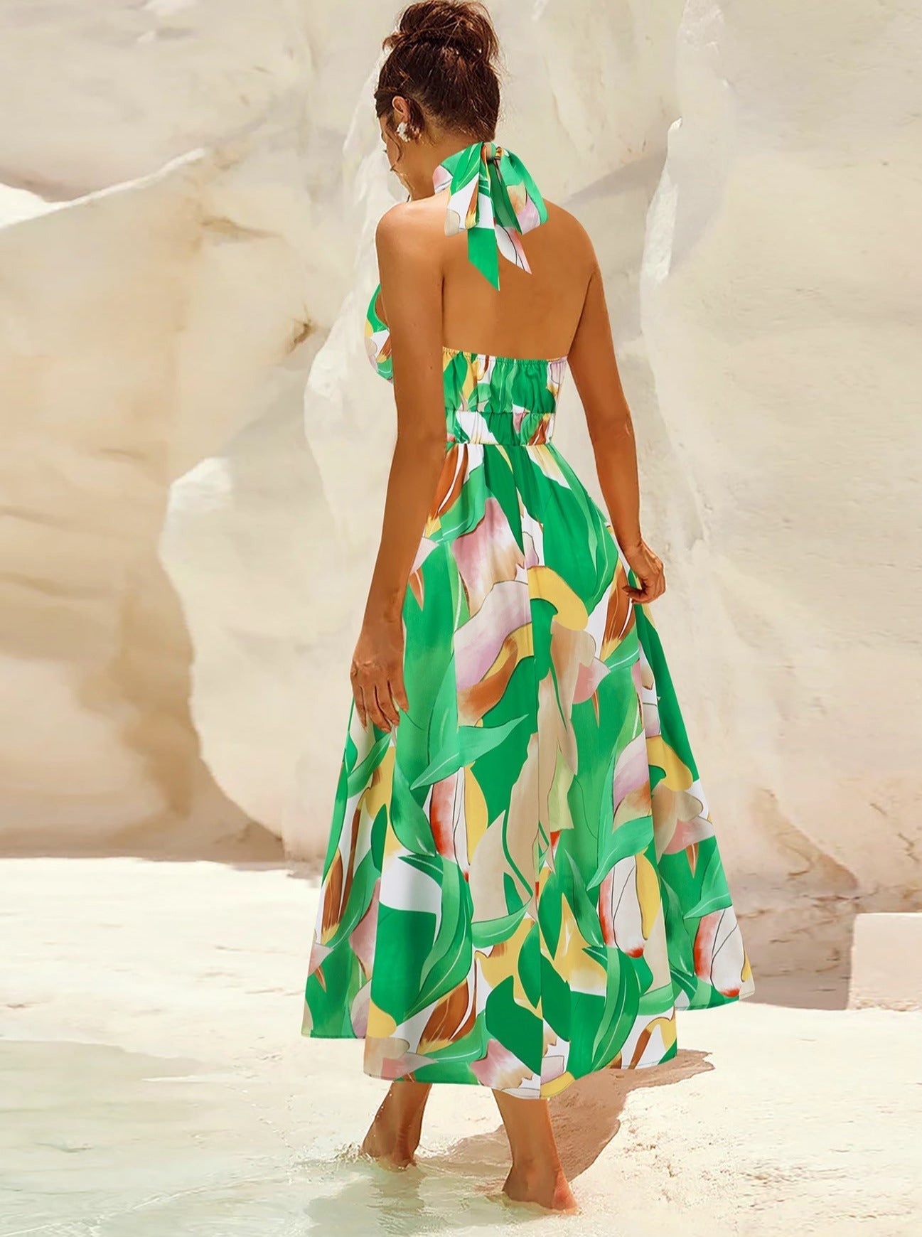 Robe d'été élégante sans manches à imprimé tropical 