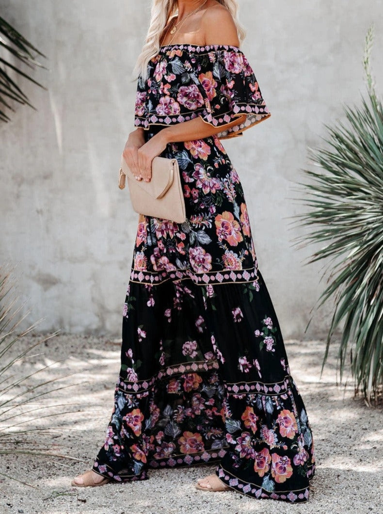 Robe longue noire à épaules dénudées et imprimé floral rétro