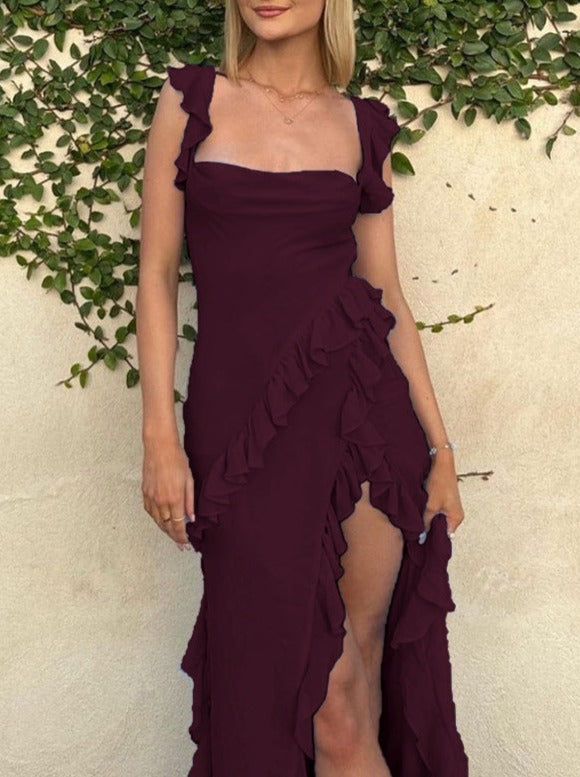 Robe sexy à fente asymétrique couleur vin 