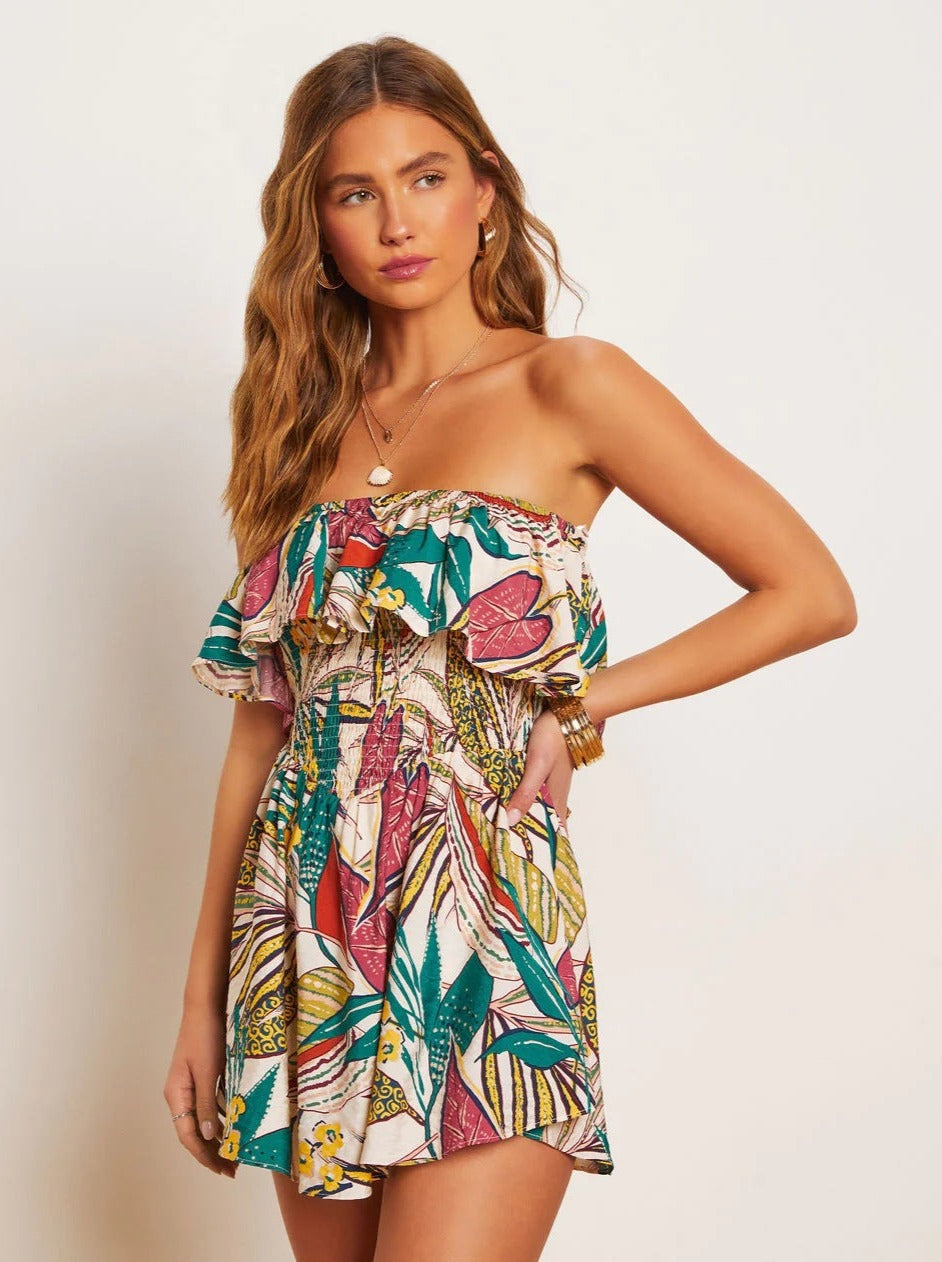 Robe bustier verte à imprimé tropical 