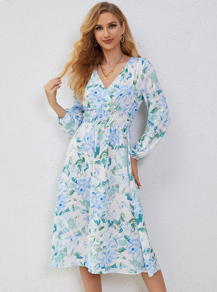 Robe mi-longue à imprimé floral et manches lanternes à col en V 