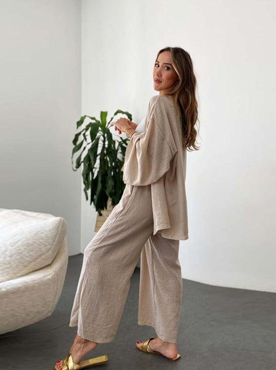 Ensemble cardigan simple à manches longues et pantalon large avec poche 