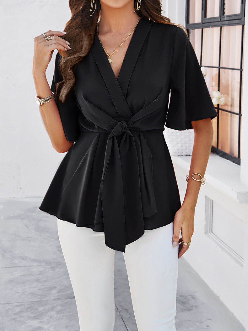 Black V-Neck Ribbon Tie Blouse