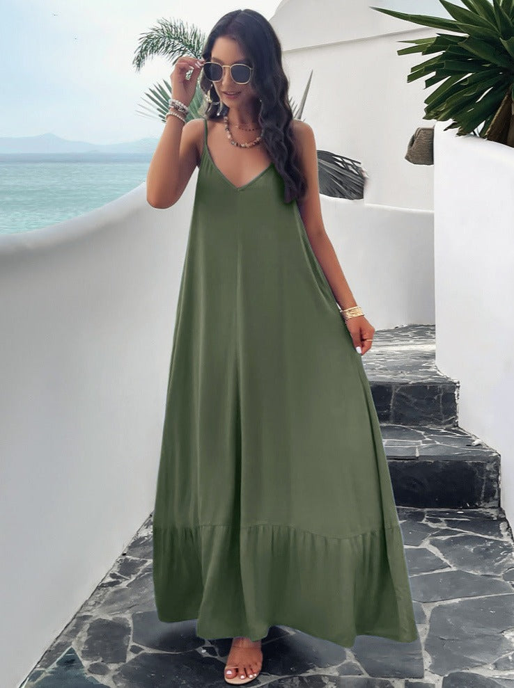 Robe longue à bretelles de couleur unie décontractée verte