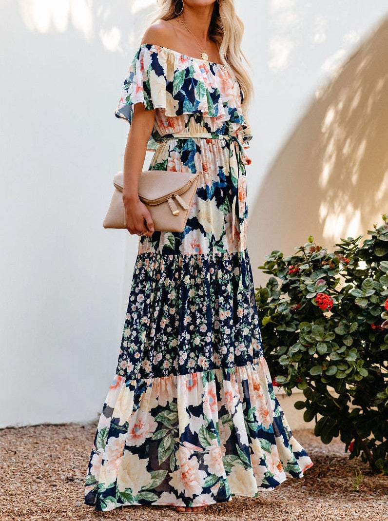 Robe longue à épaules dénudées à imprimé floral rétro bleu marine 