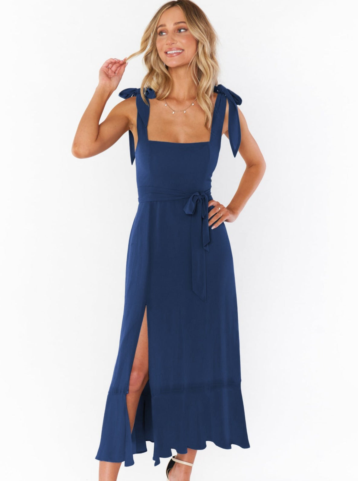 Sommerkleider Midi Schleife Elegant Leinen Maxi mit Schlitz