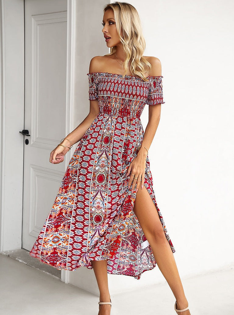 Robe mi-longue fendue style bohème à épaules dénudées pour l'été 