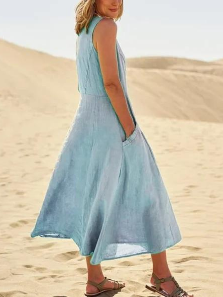 Leinenkleid Sommer, Ärmelloses Maxikleid mit Taschen, Lässig 