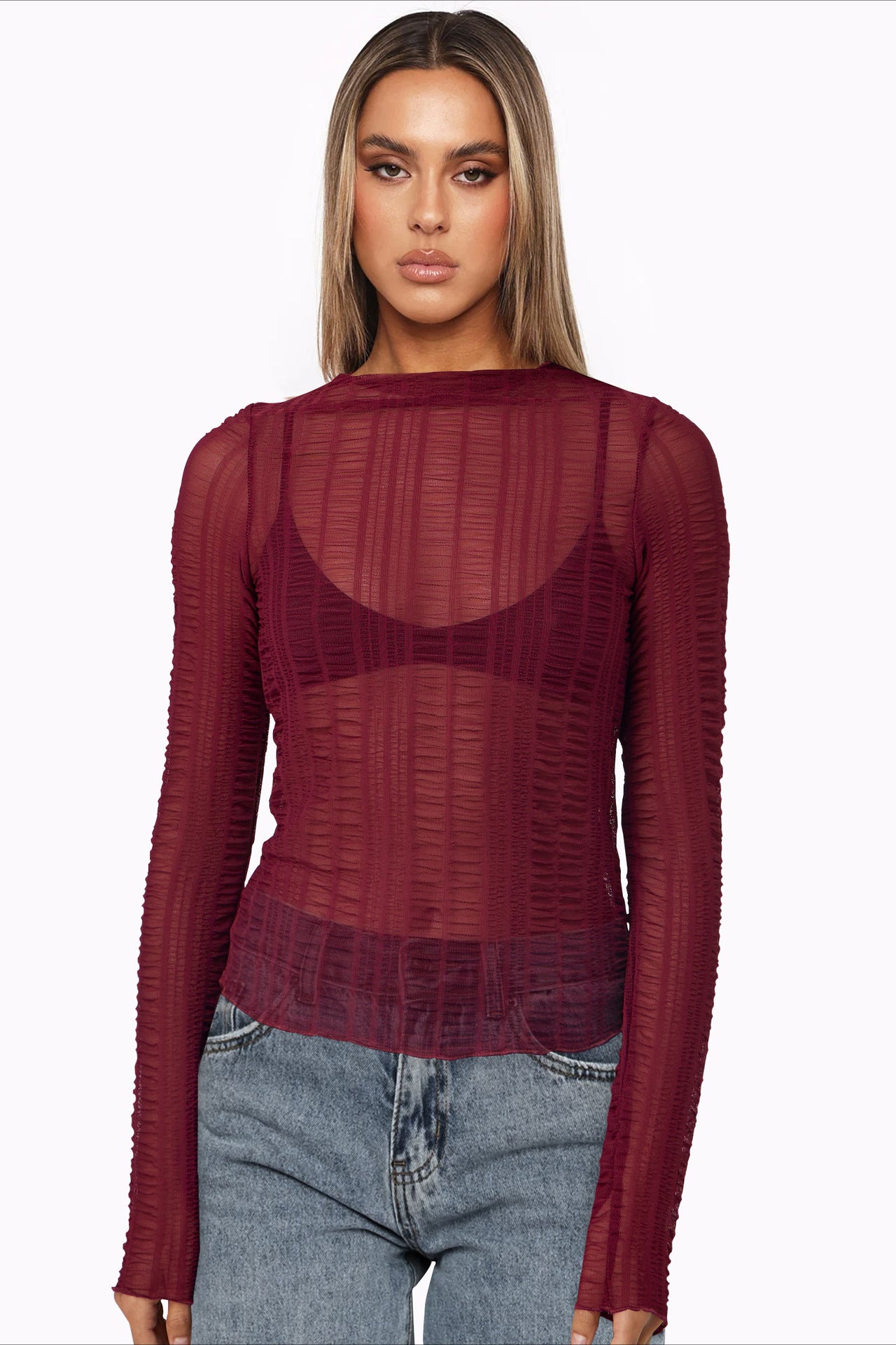 Chemise en maille transparente à manches longues pour femme