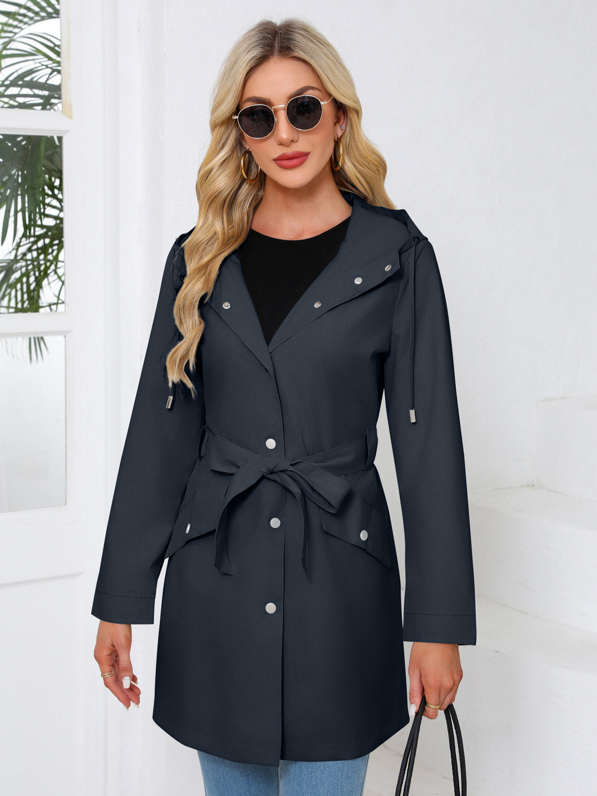 Übergangsjacke Damen Mit Kapuze – Leichter Mantel Mit Gürtel Frühling Herbst