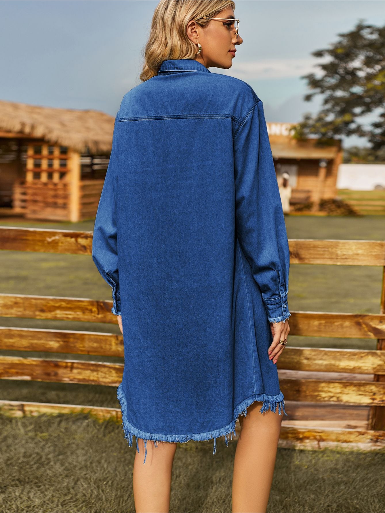 Robe chemise en jean à ourlet à franges